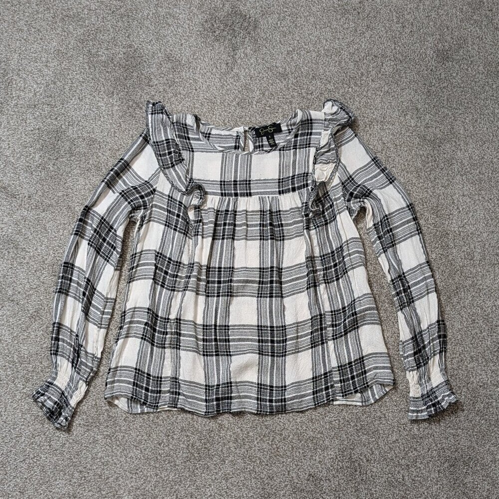 JESSICA SIMPSON Black & White Plaid Long Sleeve Pullover Peasant Top; Size S